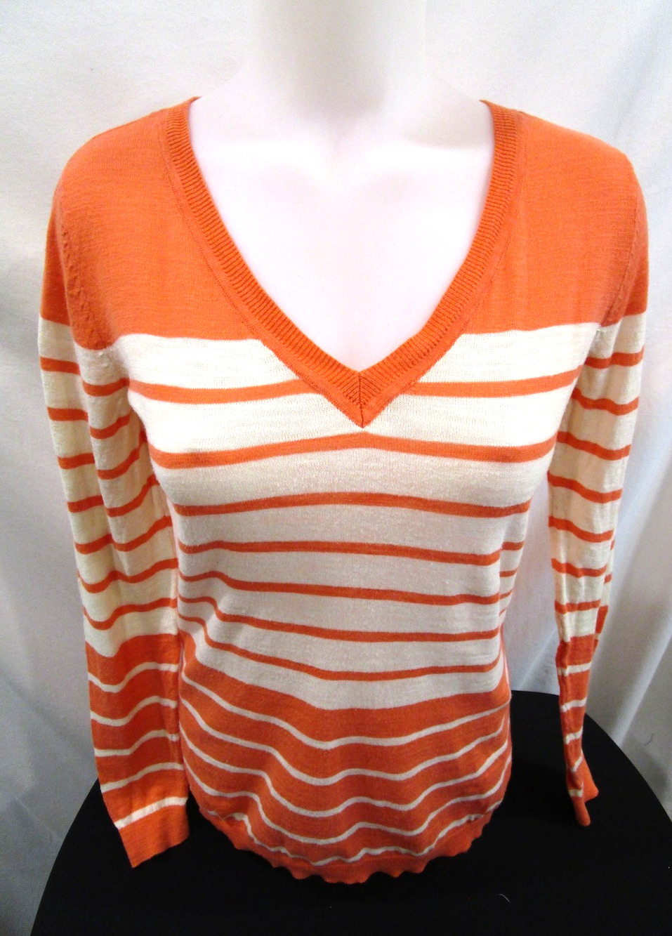 Banana Republic Peach, Ivory Striped Thin Cotton V-Neck Sweater Women S